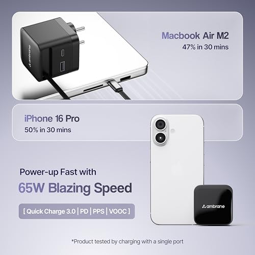 Image of Ambrane 65W GaN Superfast Wall Charger with Type-C Cable, 2 Ports (1 USB & 1 Type C) 65W Output Compatible with iPhone, Samsung, MacBook & Type-C Laptop, OnePlus, Nothing (Charge 65,Black)