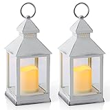 HN HAIINAA 2 Pack White Vintage Lantern Decorative Candle Lanterns with Timer Battery Operated LED Flickering Flameless Candle Lanterns for Indoor Outdoor Table Patio Party Garden Home Decor