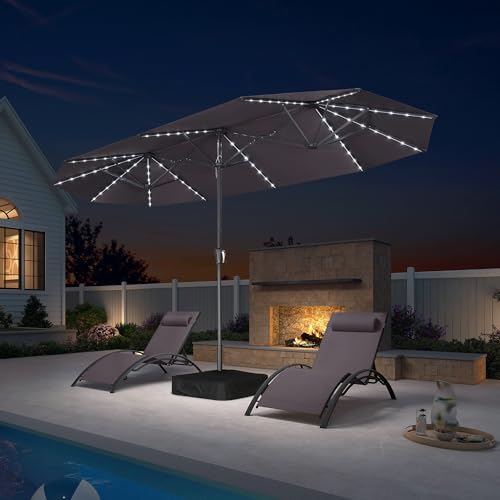 Image of PURPLE LEAF Outdoor Umbrella 13ft with Base and Solar Lights, Light Grey