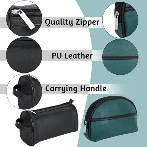 Image of SNDIA Leather 2-Set Toiletry Kit Travel Bags Shaving Kit Makeup Cosmetic Pouch For Men And Women (Him & Her) - Turquoise Black
