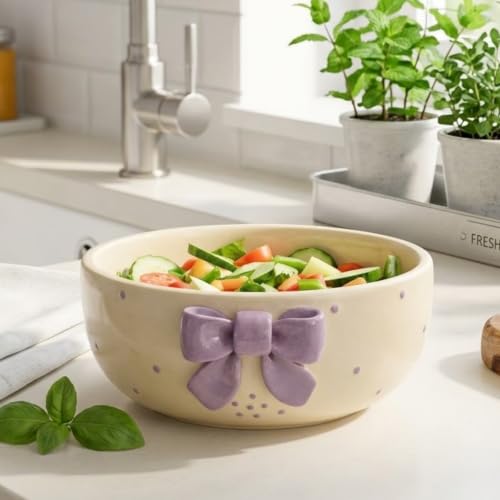 Image of Ceramic Bowl, 3D Lavender Bow Design, 450 ml, Set of 1, Lavender and White, Microwave Safe, Round, for Cereal, Pasta, Dessert, Noodle, Snack and Soup, 1 Ceramic Pasta Bowl