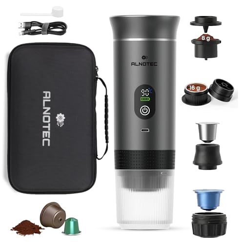 Alnotec - Cafetera portátil eléctrica con calefacción automática, 20 bar, 3 en 1, compatible con cápsulas NES, DG y café molido, 80 ml, pantalla LED, funda incluida, recargable, USB, Nomada