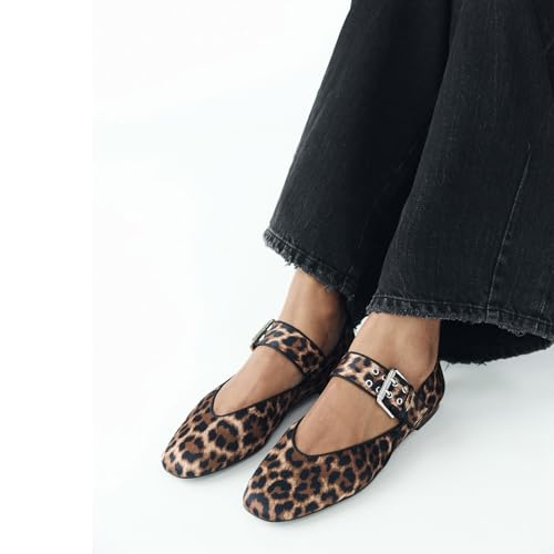 Image of Gothictor Women's Mesh Ballet Flats Round Toe Leopard Mary Jane Shoes Women | Cushioned Comfort, Easy to Style, Buckle Strap, Cheetah Print, Ballerina, Breathable, Wide Width, Non-Slip, Dressy Casual