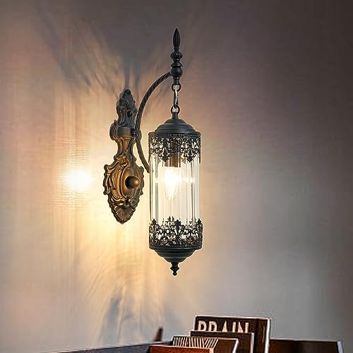 Image of Vintage Wall Sconce with Glass Shade, Rustic Black Farmhouse Wall Light Fixture, Antique Gothic Decorative Metal Wall Lamp for Hallway, Bedroom, Living Room, Entryway, Mirror