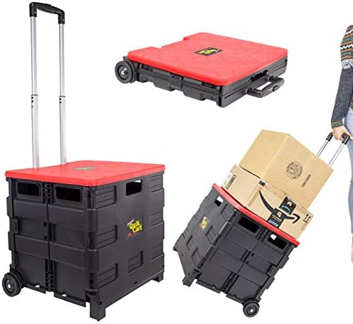 dbest products Quik Cart Collapsible Rolling Crate on Wheels for Teachers Tote Basket 80 lbs Capacity, Made from Heavy Duty Plastic and used as a Seat, Standard, Red