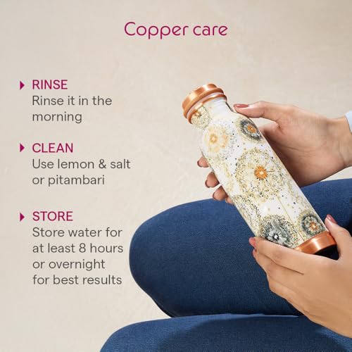 Image of Borosil 600 ml Thirtha Series Vesta Design Copper Bottle | 100% Pure Copper, BPA Free & Leakproof with Anti-Oxidant Properties of Copper | Printed Designer Bottle for Home, School & Office