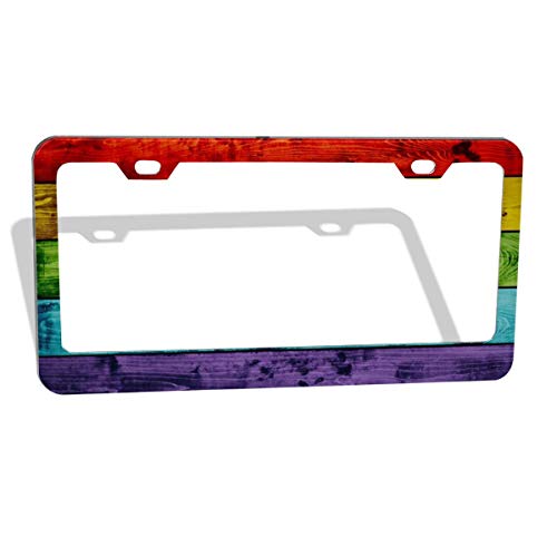 Grunge Colorful Wood License Plate Frame Funny Rainbow Plate Frame Cover Colorful Plate Frame Holder Vintage Car Tag Frame Car Accessories with 2 Holes and Screws