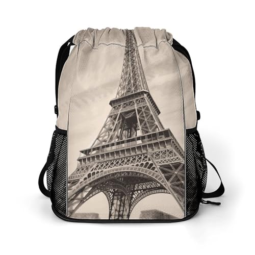 Eiffel Tower Pattern Drawstring Backpack, Dry Wet Separate Gym Bag Unisex Sports Drawstring Bag for Work, Fitness
