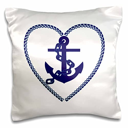 3dRose Lens Art by Florene-Nautical Decor-Image of Blue Anchor with Chain Inside A Heart (pc-306839-1) Pillow Case, White