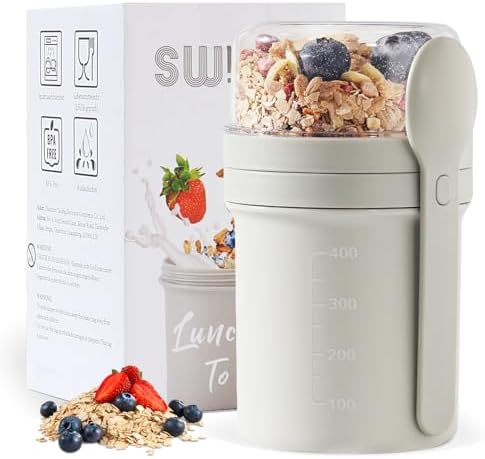 Swkien MüSlibecher to Go, Joghurtbecher to Go 450ml+250ml, Joghurt to Go Becher mit Löffel, Müsli Becher to Go für Müsli & Joghurt, Auslaufsicherer Müsli Cup to Go, Lunchpot(Hellgr