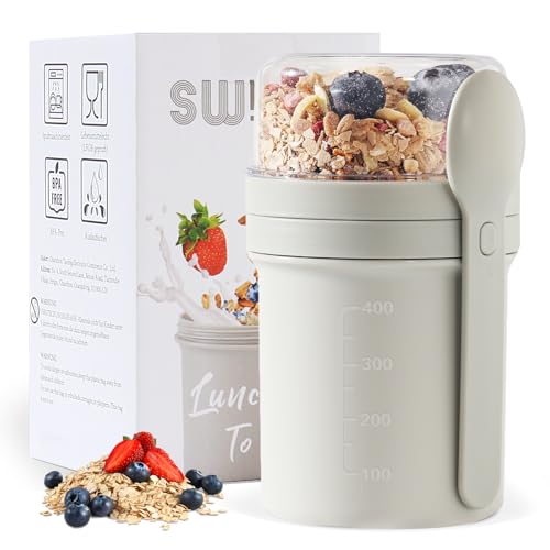 Swkien MüSlibecher to Go, Joghurtbecher to Go 450ml+250ml, Joghurt to Go Becher mit Löffel, Müsli Becher to Go für Müsli & Joghurt, Auslaufsicherer Müsli Cup to Go, Lunchpot(Hellgrau)