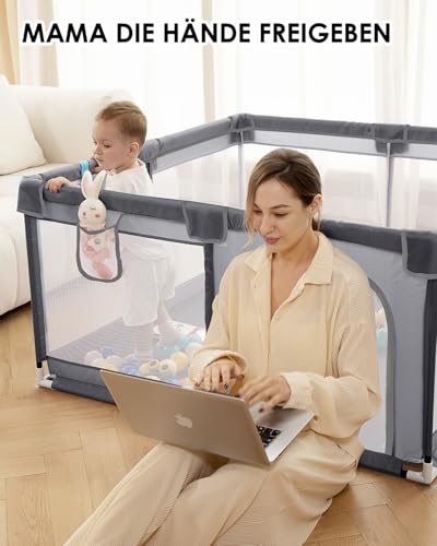 derimkcoa Laufstall Baby,Laufgitter Baby,Kinderzaun mit Atmungsaktivem Netz,Tragbarer Laufstall für Drinnen und Draußen(150x180x66cm,Grau)