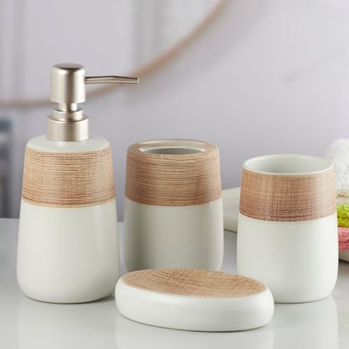 Image of SaSaSa Ceramic Bathroom Accessories Set of 4 Modern Bath Set with Soap Dispenser & Toothbrush Holder, Luxury Home & Gift Idea, Beige /Brown (10261)