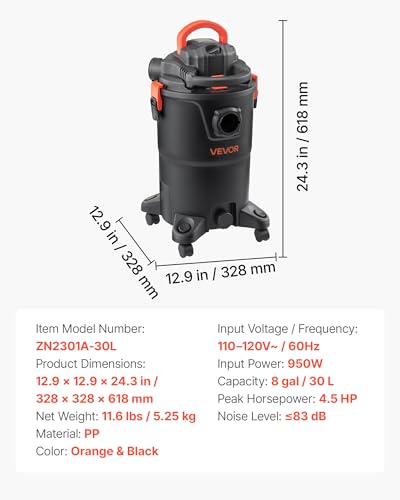 Image of VEVOR 3-in-1 Shop Vac, 8 Gallon Wet Dry Shop Vacuum, 4.5 Peak HP Portable Vacuum Cleaner with Blower, Dual-Filter, 950W Input Power, 1.25in x 7ft Hose, 9.8ft Cord for Jobsite, Workshop, Garage, Home