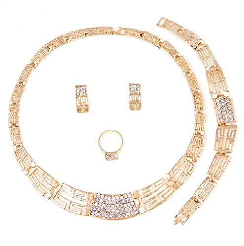 Finemall 18K Gold Plated Shinning Wide Necklace+Earrings+Bracelet+Rings Crystal Jewelry Sets African Costume Necklace Set Party Fashion Women Dubai Gold Plated Jewelry Sets