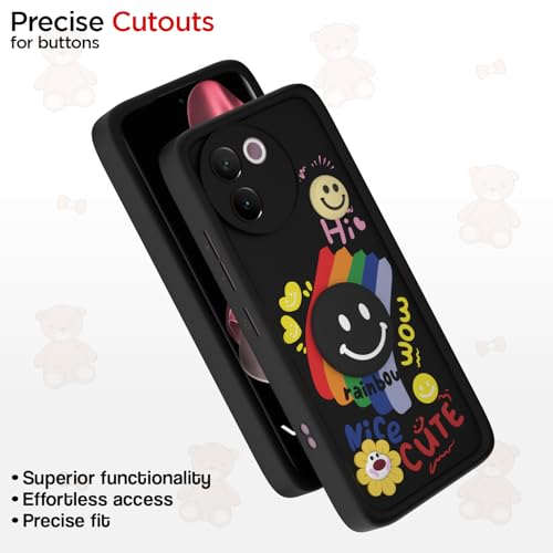 Image of Pikkme Back Cover for Vivo V30e 5G | Soft Silicone| Cute Rainbow Smile & 3D Cartoon Flower Design | Shockproof Raised Camera Protection Bumper Case (Black)