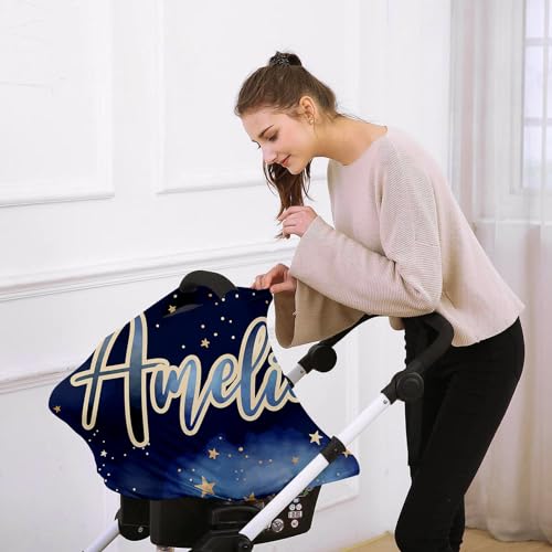Image of Personalised Car Seat Cover for Babies - Multi-use Carseat Canopy Cover with Name, Dark Blue Star Car Seat Covers, Christmas Birthday Gifts for Infant Boys and Girls