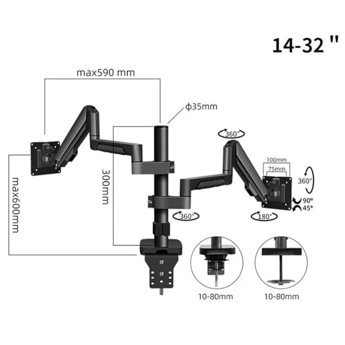 Supporto da scrivania per doppio monitor, inclinabile e girevole per schermi da 32", compatibile con 75/100 mm, supporta 2-9 kg