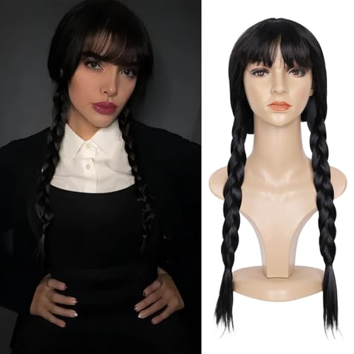 Image of QUEENTAS Braided Black Pigtail Wig for Women Gothic Long Black Braids Wigs with Bangs Cosplay Halloween Costume Wig