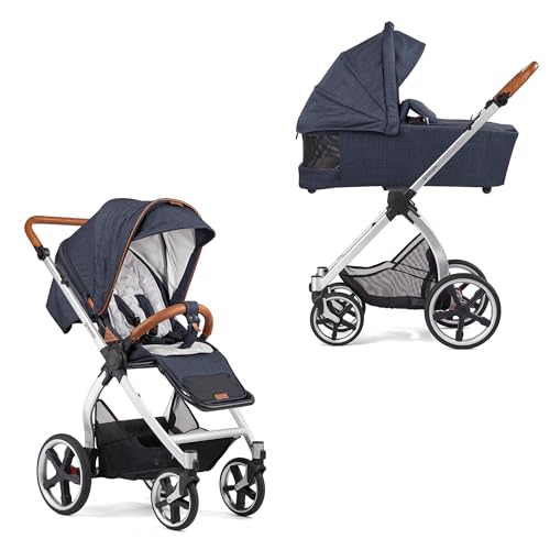 Gesslein Kinderwagen FX4 Swing mit Babywanne Panorama Lyx (Kinderwagen 3 in 1 mit Liege- und Sitzoption, inkl. Sportwagenaufsatz, individuell einstellbar, hoher Komfort, geringes Packmaß), Dunkelblau