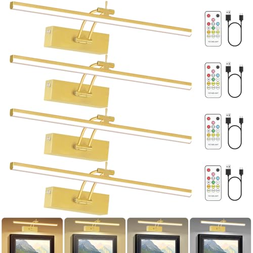 Image of 6 Colors Picture Lights Battery Operated with Remote, 16 inch Cordless Rechargeable Painting Lights with Timer for Wall, 6CCT Dimmable Display Lights for Artwork Gallery Dartboards, 4 Pack (Gold)