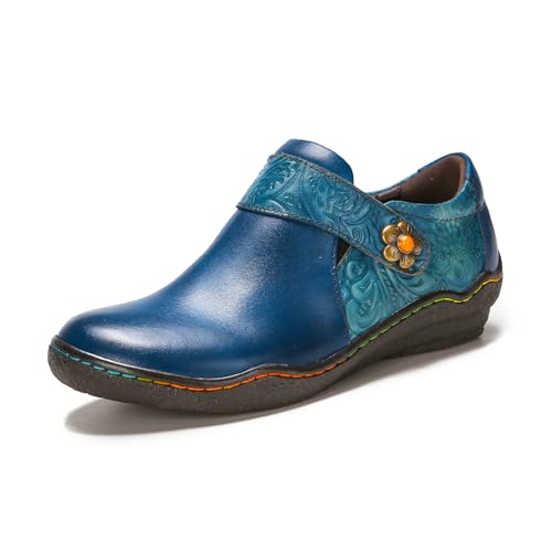 Superladystar's Women Comfy Cowhide Hand Made Flat Shoes, Coloring Painted, Hand Embossed, Retro Style, Walk Shoes