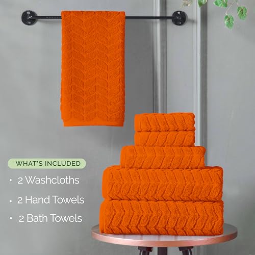 Image of Elegant Comfort Luxury 6-Piece 100% Turkish Cotton Jacquard Braided Textured Premium Hotel Quality Towel Set- Soft and Absorbent, Includes 2 Bath Towels, 2 Hand Towels and 2 Washcloths, Vibrant Orange