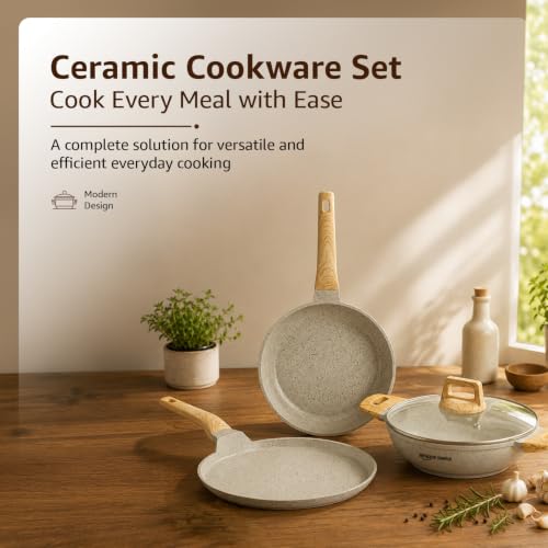 Image of Amazon Basics Ceramic Non Stick Cookware Set 3 Pieces | 28cm Dosa Tawa, 24cm Fry Pan, 24cm Kadai with Glass Lid (2.3L) | Gas & Induction Compatible | Wooden Finish Bakelite Handle | Ivory