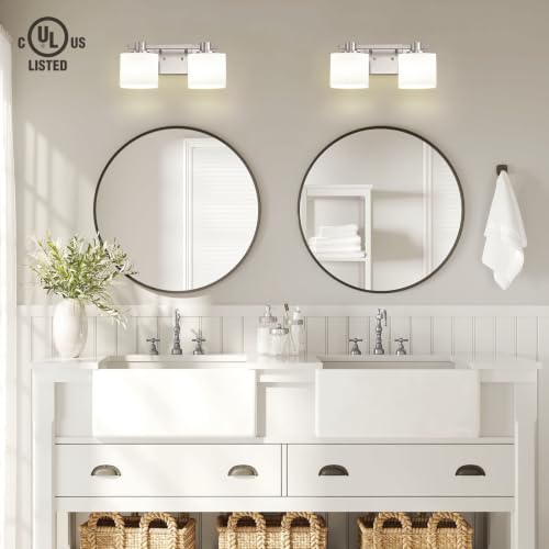 Image of 15 Inch Brushed Nickel Vanity Light for Bathroom 2 Light Bathroom Light Fixtures Over Mirror Milk Glass Makeup Shower Lamp Farmhouse Wall Sconce