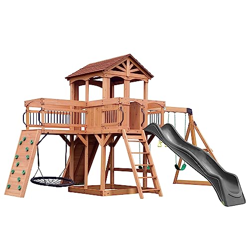 Backyard Discovery Sterling Point Cedar Wood Swing Set with Wave Slide, Raised Clubhouse, Wooden Bridge, Rock Wall, Belt Swings, Web Swing, Trapeze, Balcony, Climbing Wall, Ladder, Outdoor Playset
