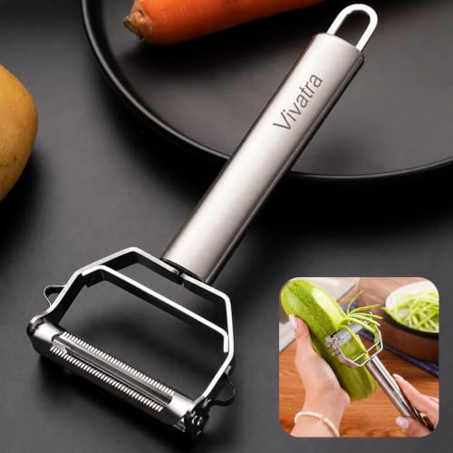 Image of 2 in 1 Stainless Steel Julienne Vegetable Peeler Multi-Functional Fruit & Veggie Shredder Slicer and Grater for Potatoes, Carrots, Cucumbers (Silver, 18 x 8.2 x 2.3 cm)