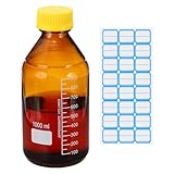 PATIKIL Runde Medien-Aufbewahrungsflaschen, 1000 ml Verdickte Glas-Graduierte Runde Flaschen mit GL45 Gelbem Schraubverschluss für Laborwasser Reagenzflüssigkeiten, Braun