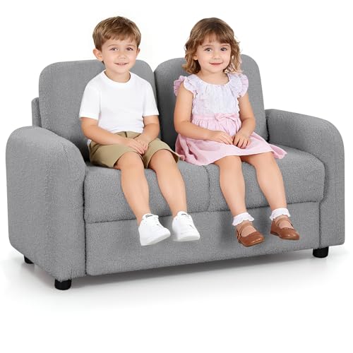 INFANS Kids Sofa 2 Seat Soft Thick Upholstered Couch with Plush Fabric Solid Wooden Frame Armrest Chair Lounge for Playroom Kids Boys Girls