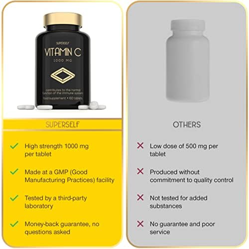Vitamin C 1000mg Tablets - High Strength 60 Tablets - Vegan VIT C Supplement for Immune System Support - Ascorbic Acid - Made in The UK