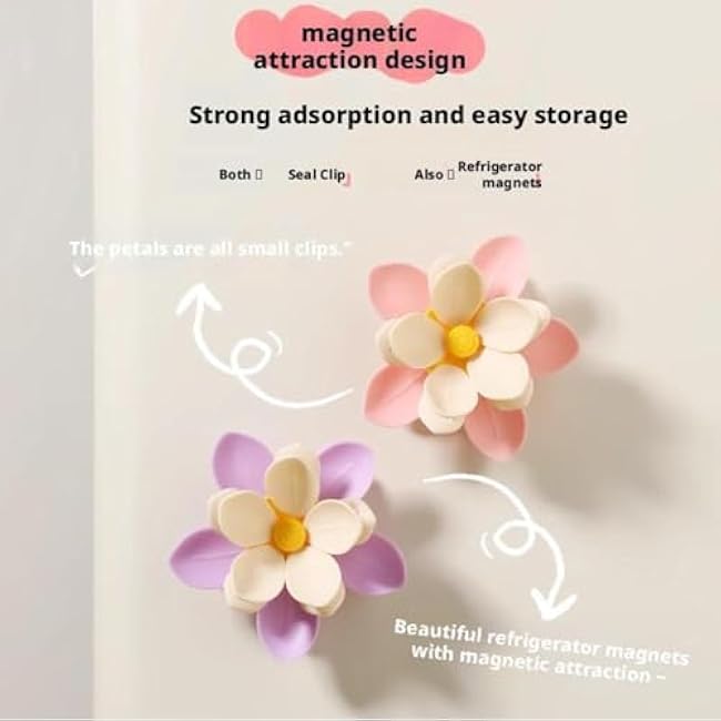 Fridge Magnets Food Bag Clips,Cute 3D Lotus Flower Shaped Sealing Clips for Food Storage,Small Portable Reusable Chip Snack Bag Clip for Kitchen, Home & Office Decor
