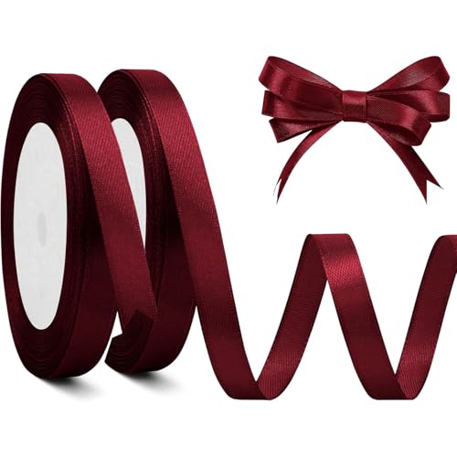 CNMTCCO Burgundy Stain Ribbons 2 Rolls 22M Ribbons for Gift Wrapping 10mm Christmas Day Decorative Ribbon for Crafting Wedding Party Deco