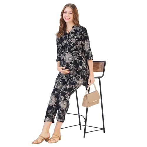 Image of AV2 Women Cotton Maternity|Nursing|Feeding Printed Tunic & Bottom Coord Set Black Small 2426