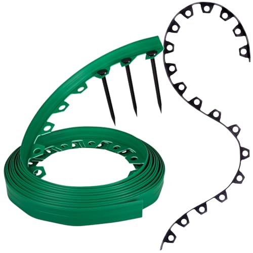 GARDENIX Borde Flexible de plástico para césped, Verde, 10 m, 20 Anclajes, 4 cm de Altura, Resistente a la Intemperie, Borde Redondo, para Jardines y Robots cortacéspedes
