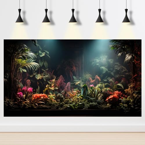 Image of Rainforest Aquarium Background Tropical Palm Leaves Floral Pattern Fish Tank Background Jungle Plants Natural Landscape Reptile Tank Backgrounds Foggy Flowers Reptile Enclosure Backgrounds 36x20in