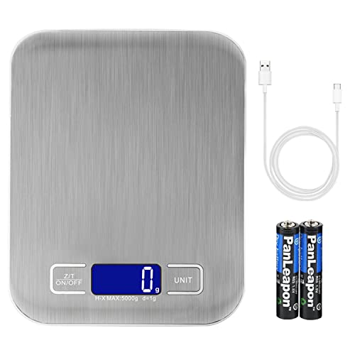 Küchenwaage Digital, 2 In 1 Digitalwaage mit USB-Ladekabel und 2*AAA Akku, g/lb/oz/ml/milk/kg,Waage Küchen Silber Haushaltswaage aus Edelstahl zum Backen Kaffee mit Hintergrundbeleuchtung LCD Display Cover
