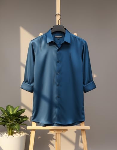 Image of IndoPrimo Men's Regular Fit Satin Designer Shirt with Stylish Vertical Line Sequence | Long Sleeve Formal & Casual Button Down Shirt for Casual and Party Look