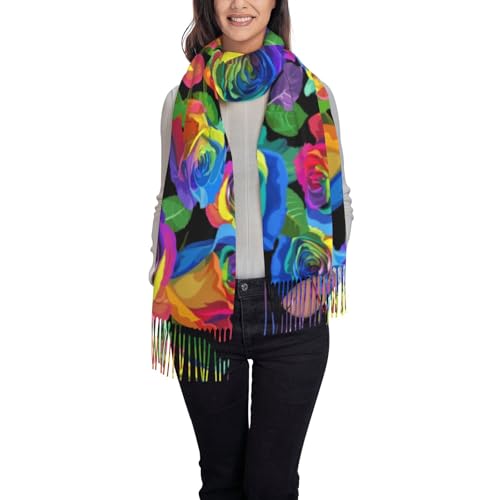 Châles et écharpes à franges pour femme, grand foulard noir à fleurs imprimées roses