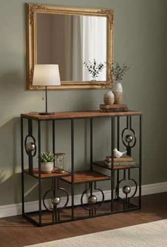 Image of Console Table with Storage, Modern Engineered Wood, Gold Metal Frame with Decorative Spheres, 30x30x7.5 Inch (Black Brown)