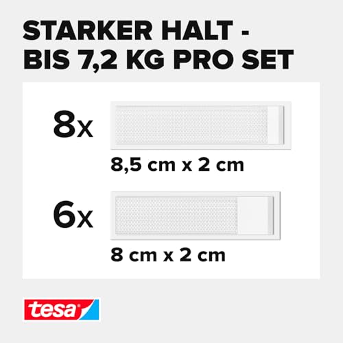 tesa Powerstrips CLICK - Klett-Klebepads zum An- und Abklicken von Bilderrahmen und Wanddekorationen ohne Bohren - selbstklebende Klettband-Strips mit ON und OFF Click-System - 6 x 2 M, 8 x 2 L