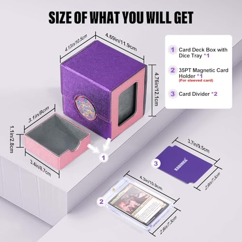 Image of Kabinka Commander Deck Box for MTG with Metal Emblem, Card Deck Box with Dice Tray, Holds 100 Double-Sleeved Cards for TCG /PTCG, Cards Storage Case with 35PT Magnetic Card Holder (Pink& Purple, Lotus)