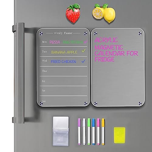 Magnetisk kalender för kylskåp (2 tavlor), veckovis magnetisk måltidsplanerare i akryl för kylskåp, kalendertavla med torrtorkning, återanvändbar att göra-lista eller kalender, veckovis eller månatlig