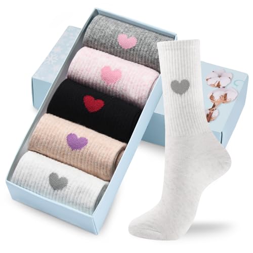 Image of Corlap Women's Cotton Crew Calf Socks - 5 Pairs Ankle High Dress Casual Socks, Fun Cute Heart Gifts for Mom Mother