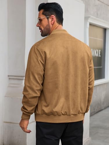 Runcati Mens Suede Bomber Jackets Full Zip Casual Softshell Varsity Jacket Lightweight Vintage Fall Coat with Pockets4