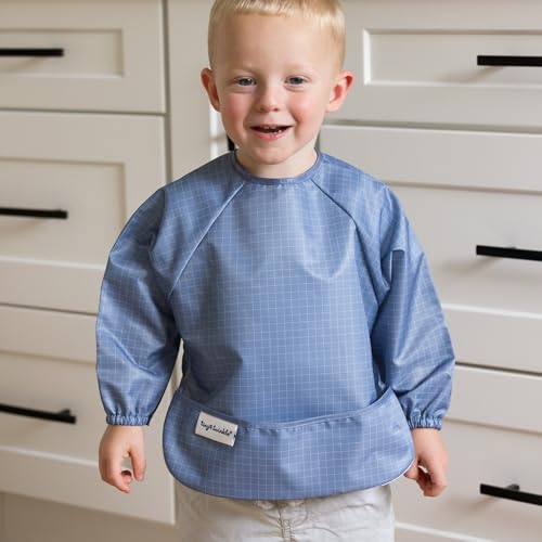 Image of Tiny Twinkle Long Sleeve Bib for Babies&Toddlers|2-Pack Waterproof Smock Bib for Eating|Machine Washable&Mess-Proof Feeding Essentials|Newborn Shower Gift(Varsity Flags,Grid,6-24M)