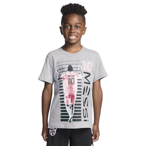 Messi Boys' Lifestyle Short Sleeve T-Shirt, Slim-fit Graphic Tee, Cotton Blend Fabric, Raising The BAR - Heather Grey, 10-12